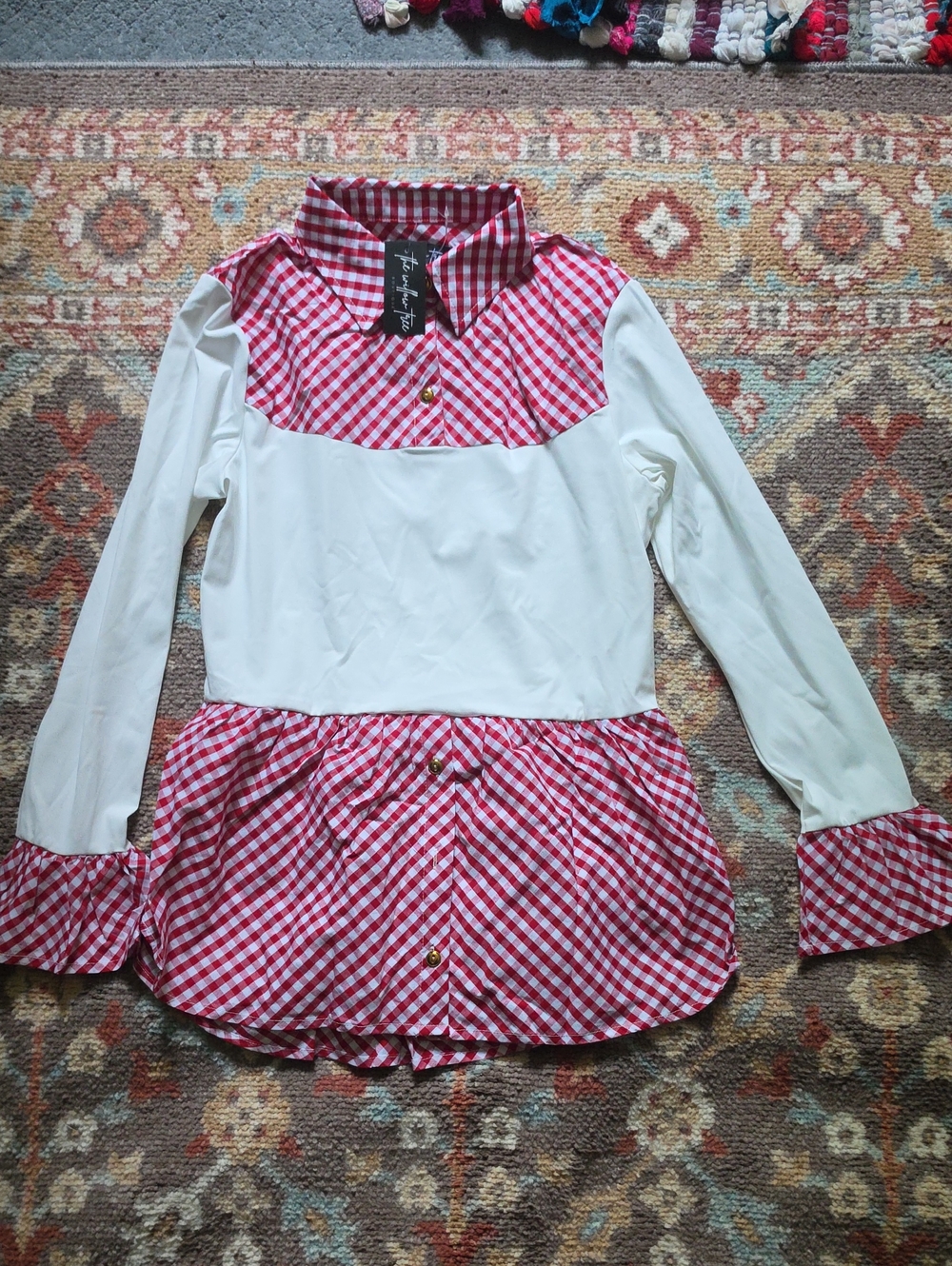Willow Tree White Top with Red Gingham Accents - Button Down Style Womens Size M